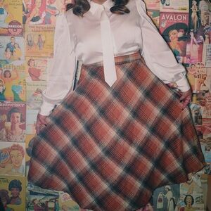 Unique Vintage Plaid Midi Skirt in Orange and Brown wool lined